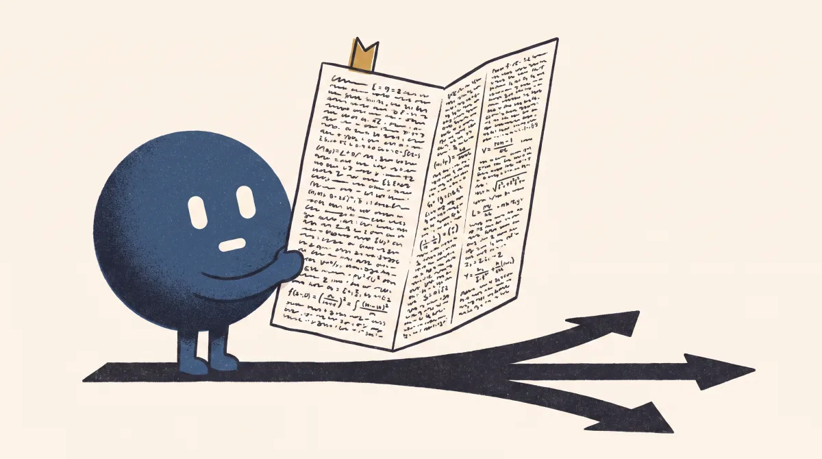 איור: אורב כחול מחזיק דף נוסחאות ענק מלא בסימנים, ולרגליו השביל מתפצל לשלושה כיוונים בלי שום שלט