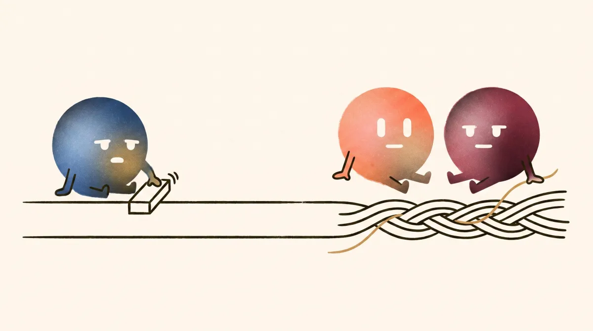 איור: דון גורר לבד קו אחד שטוח וארוך, מול לומי ומאיה שיושבות יחד על שלושה קווים שקלועים לצמה חזקה