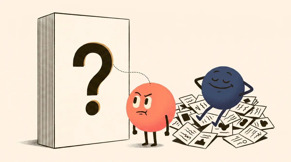 איור: כרטיסיה ענקית עם סימן שאלה, לומי מתאמצת לשלוף את התשובה מהזיכרון, ודון שרוע מאחור על ערמת כרטיסיות פתוחות