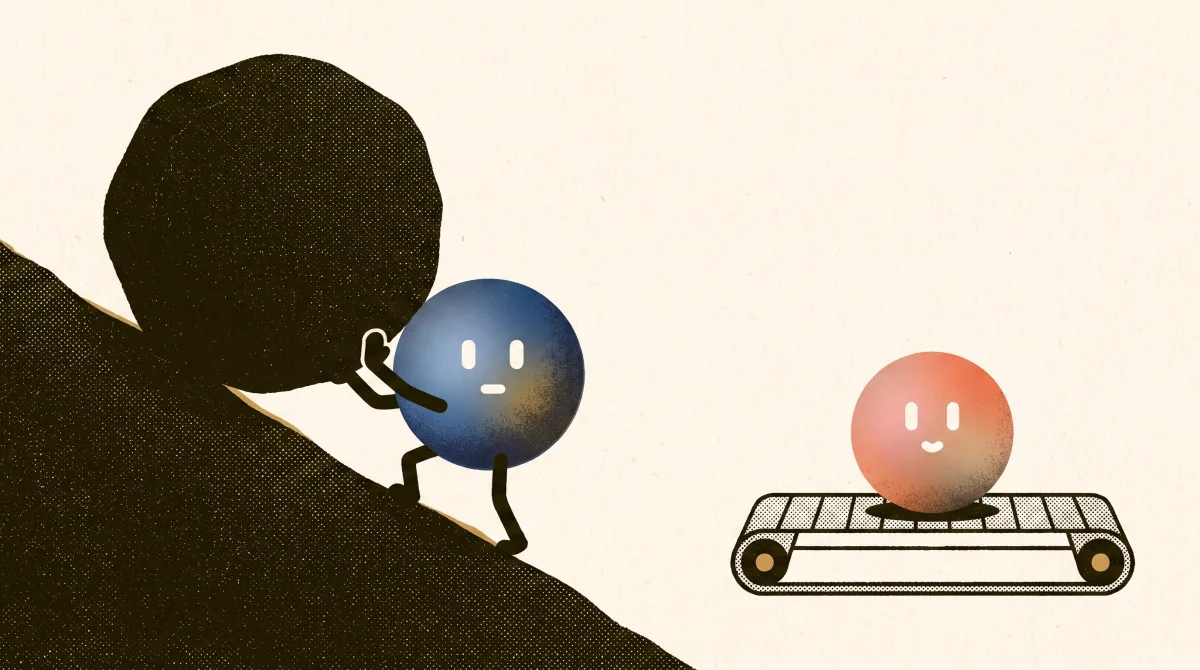 איור: אורב כחול דוחף סלע ענק במעלה מדרון, ליד מסוע קטן שמסתובב במעגל - הקושי מתקדם, הקלות חוזרת לאותה נקודה