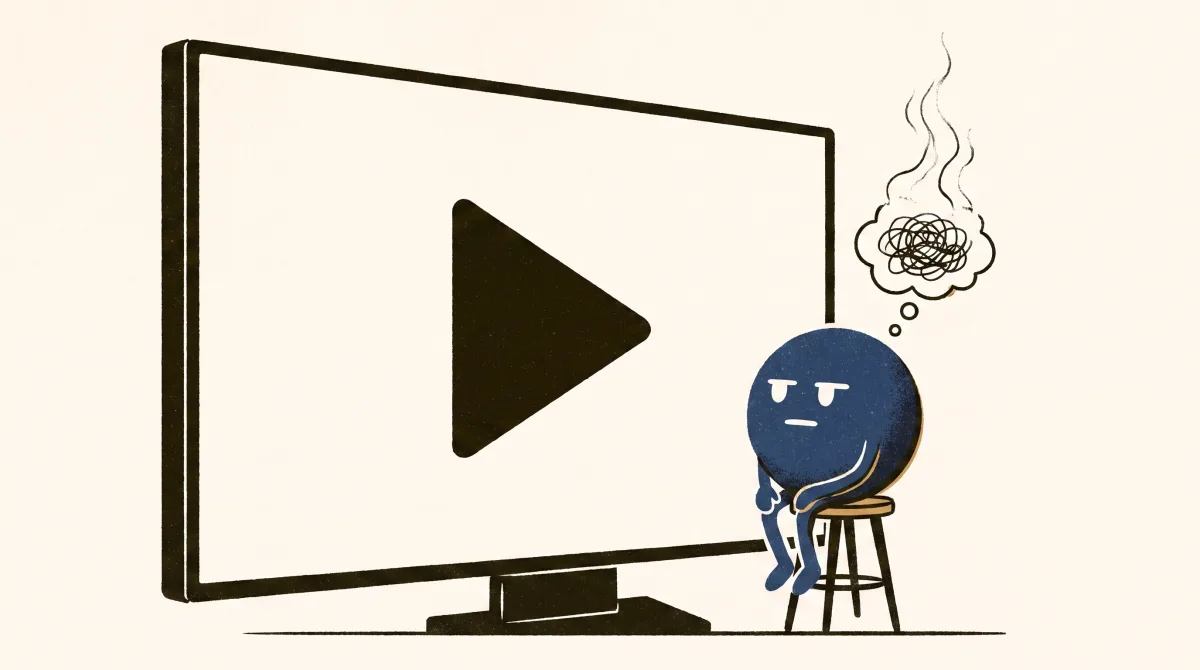 איור: אורב כחול מול מסך ענק עם כפתור נגן, ובועת המחשבה שלו מתאדה לאדים - הסרטון הרגיש כמו למידה