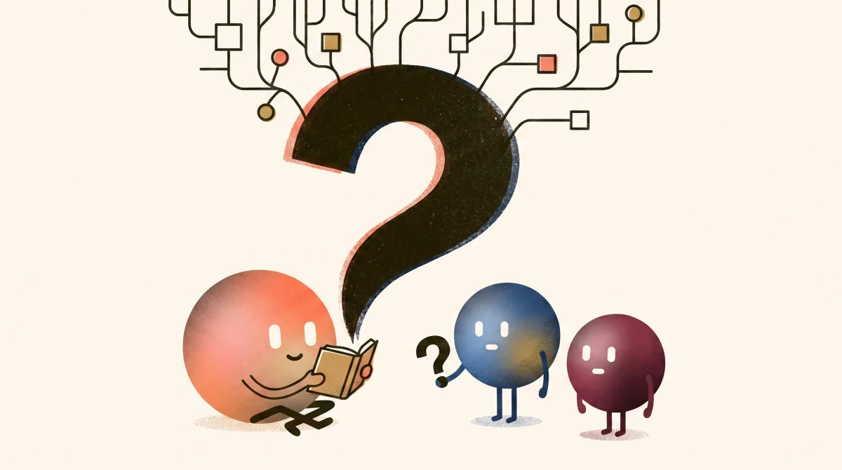 איור: לומי קוראת ספר וסימן שאלה ענק עולה ממנו ומסתעף לרשת של קווים מחוברים, מול דון ומאיה