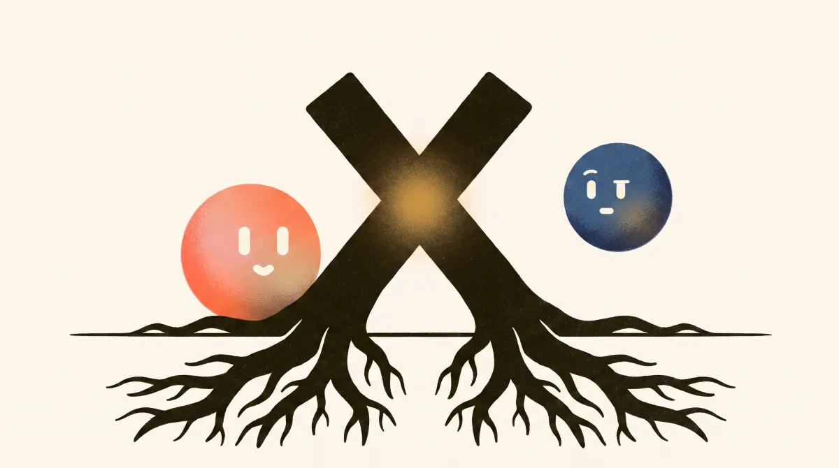 איור: X כהה וענק (תשובה שגויה) ששולח שורשים עמוקים אל תוך האדמה, עם זוהר ענבר במרכזו, ולומי יושבת לצידו בשלווה מול דון